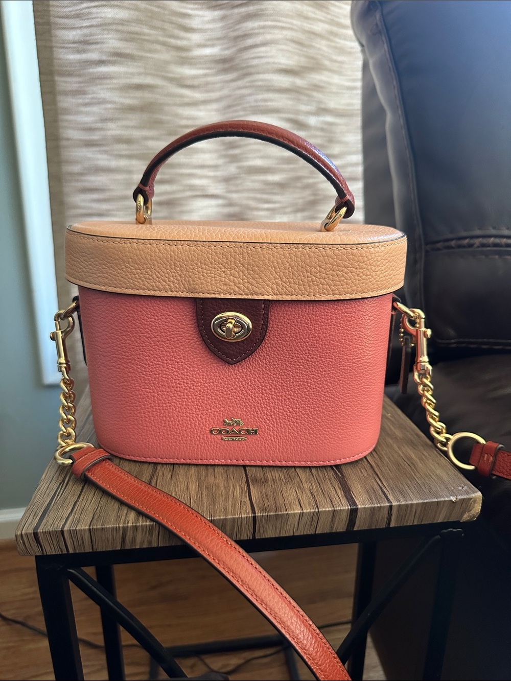 Coach Two-Tone Pebbled Leather Top Handle Crossbody — Coral and Tan